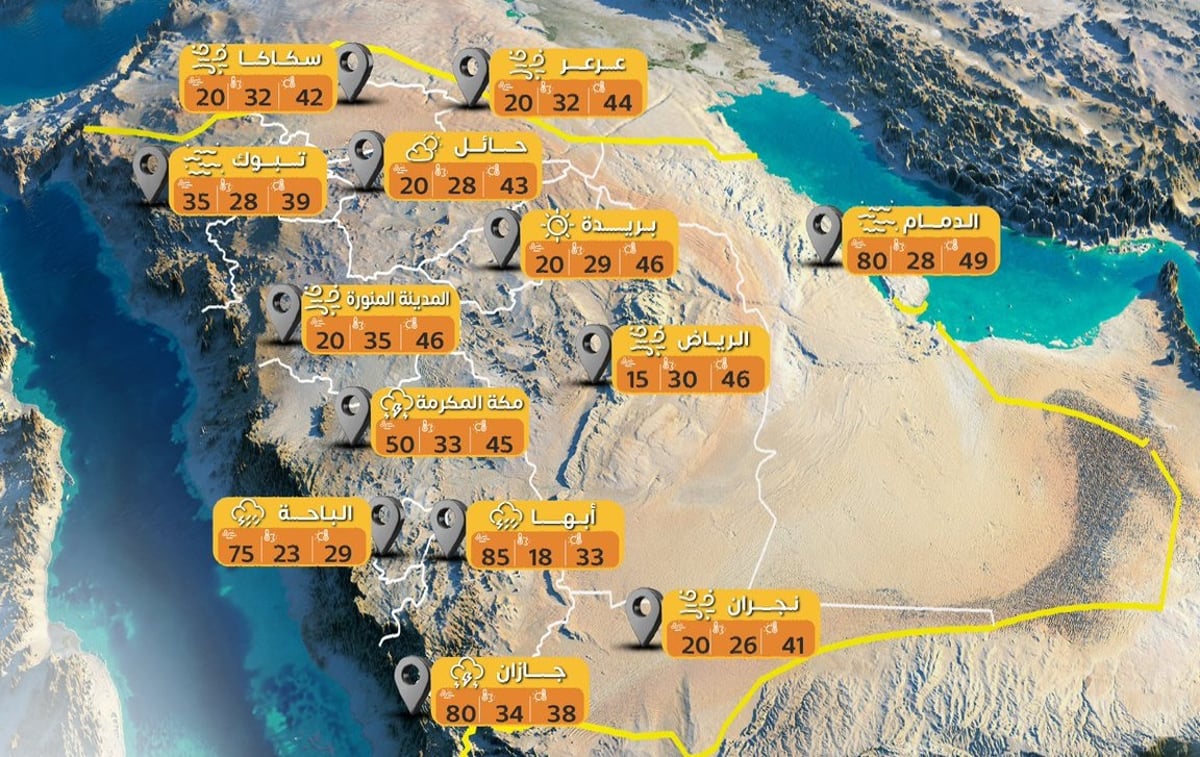 “الدمام-والدهناء-والصمان”-تسجل-أعلى-درجة-حرارة-49-مئوية.-و”السودة”-الأدنى